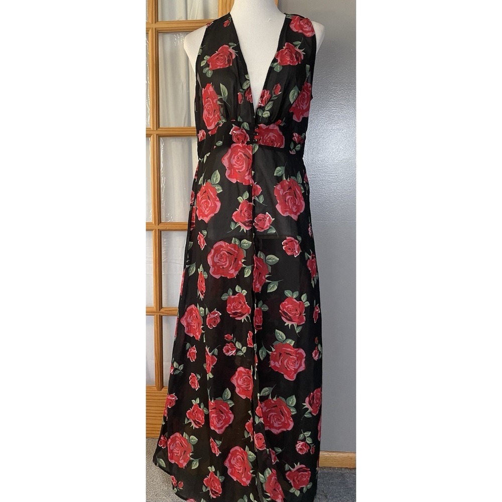 Floral Swimwear Cover Up Maxi Sz L Sheer Black Red Beach Cottage Boho Resort